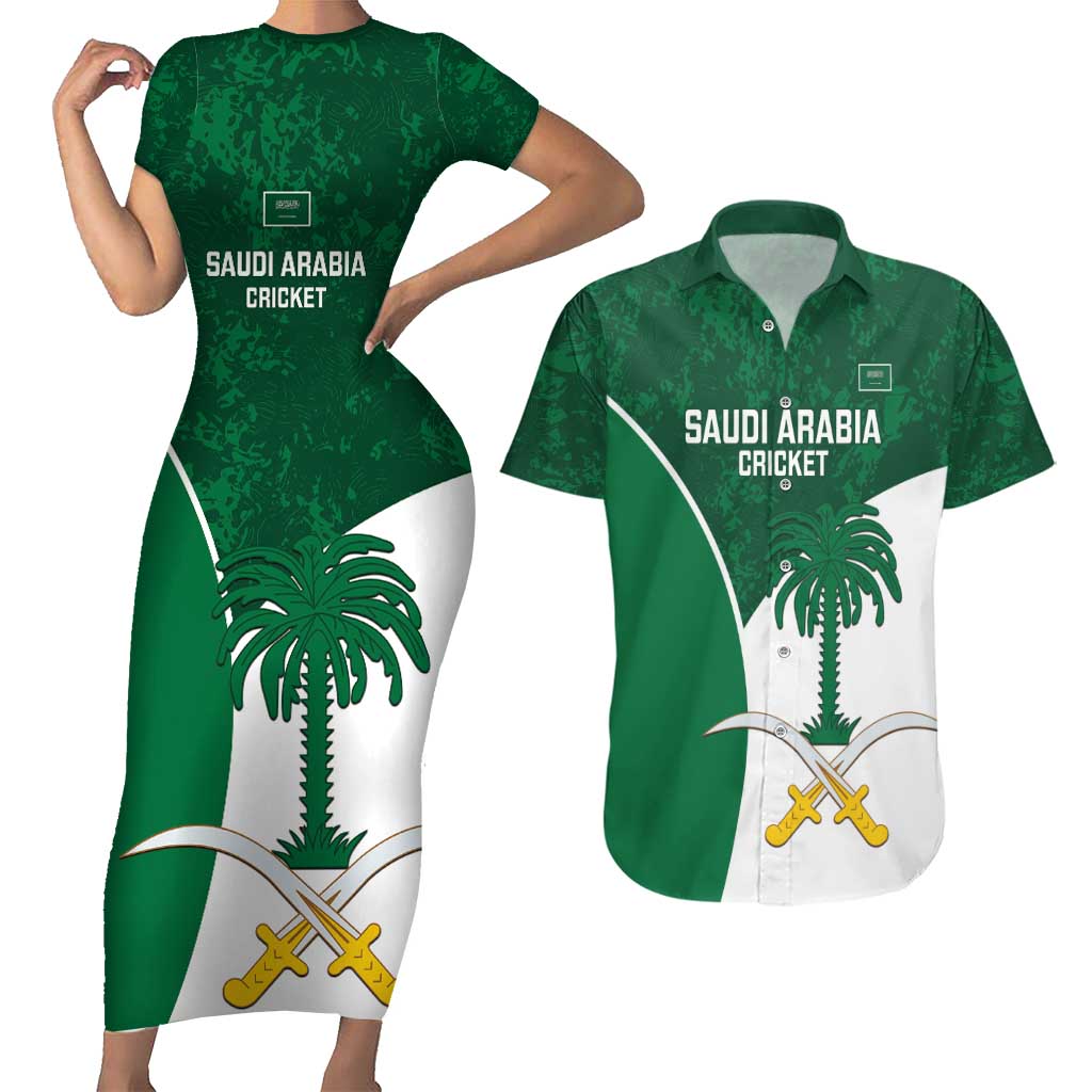 Custom Saudi Arabia Cricket Couples Matching Short Sleeve Bodycon Dress and Hawaiian Shirt Go Champions Coat Of Arms Style - Wonder Print Shop