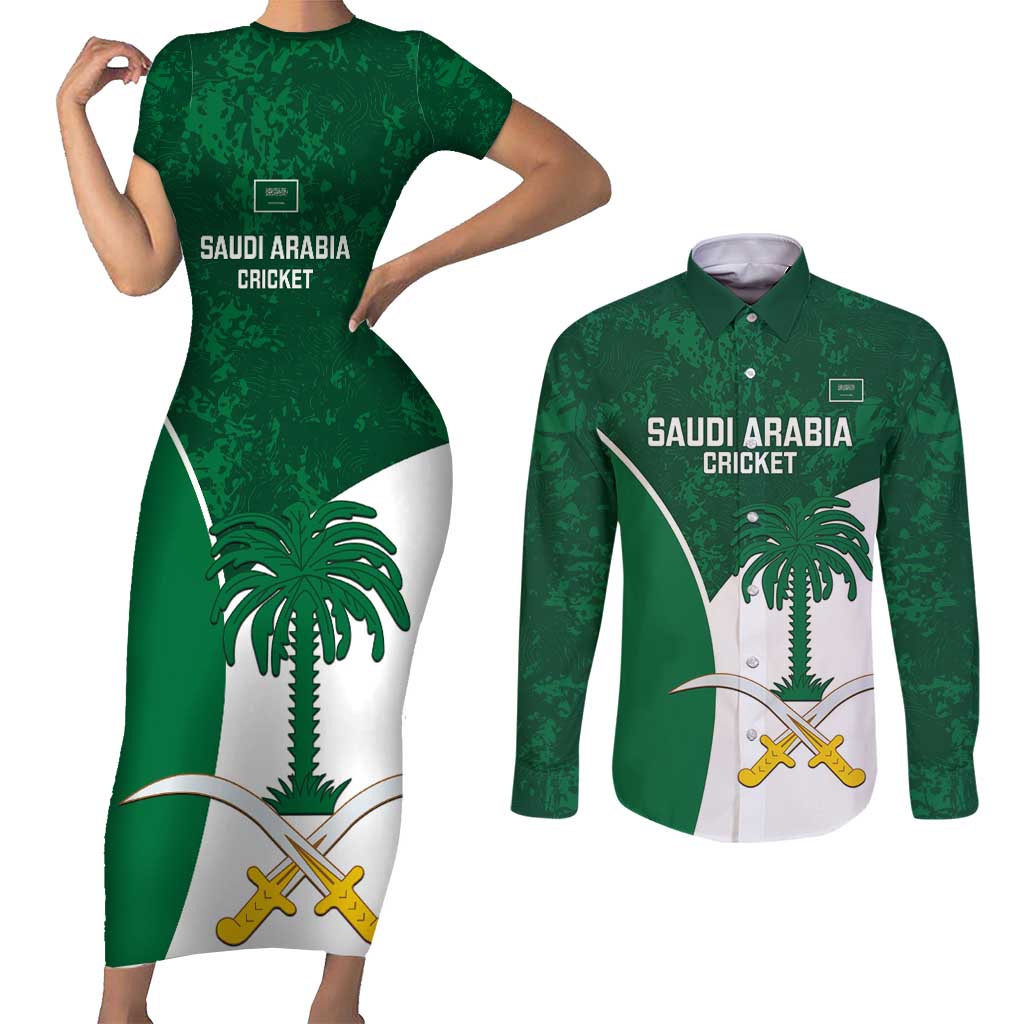 Custom Saudi Arabia Cricket Couples Matching Short Sleeve Bodycon Dress and Long Sleeve Button Shirt Go Champions Coat Of Arms Style - Wonder Print Shop