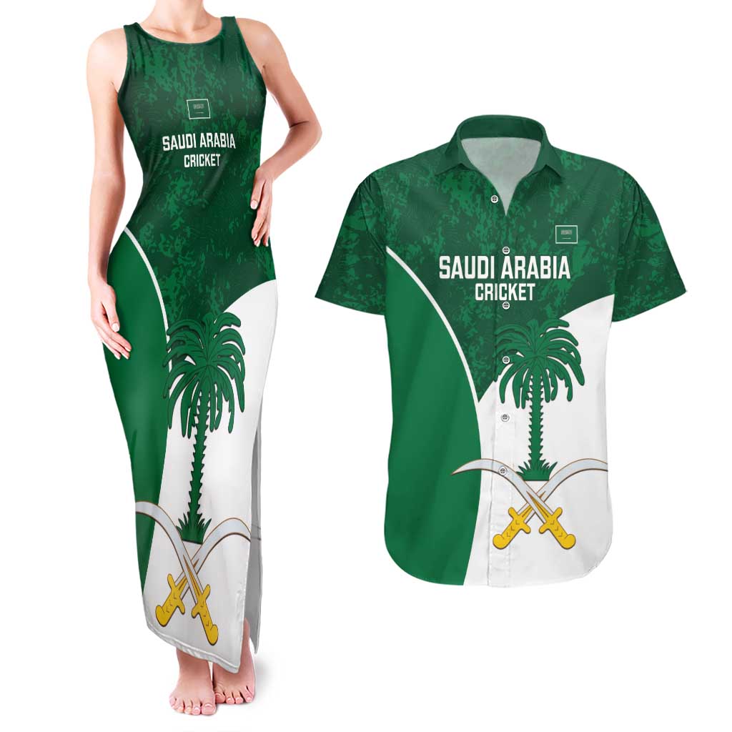 Custom Saudi Arabia Cricket Couples Matching Tank Maxi Dress and Hawaiian Shirt Go Champions Coat Of Arms Style - Wonder Print Shop