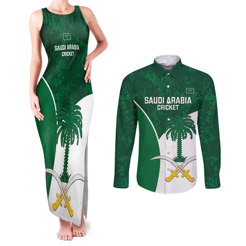 Custom Saudi Arabia Cricket Couples Matching Tank Maxi Dress and Long Sleeve Button Shirt Go Champions Coat Of Arms Style - Wonder Print Shop