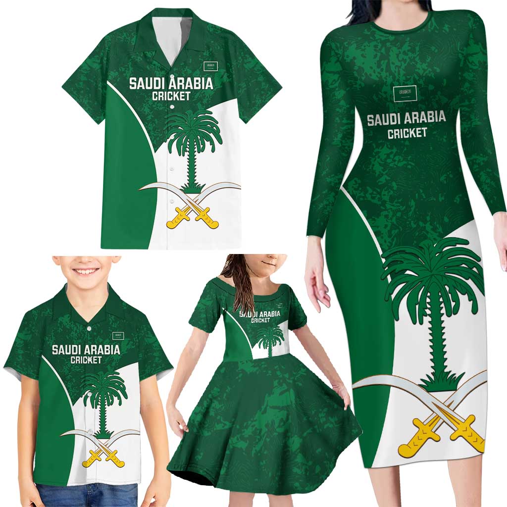 Custom Saudi Arabia Cricket Family Matching Long Sleeve Bodycon Dress and Hawaiian Shirt Go Champions Coat Of Arms Style - Wonder Print Shop