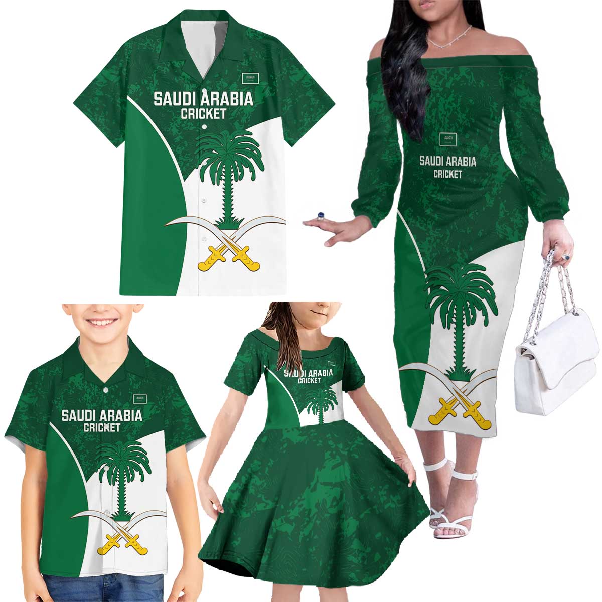 Custom Saudi Arabia Cricket Family Matching Off The Shoulder Long Sleeve Dress and Hawaiian Shirt Go Champions Coat Of Arms Style - Wonder Print Shop