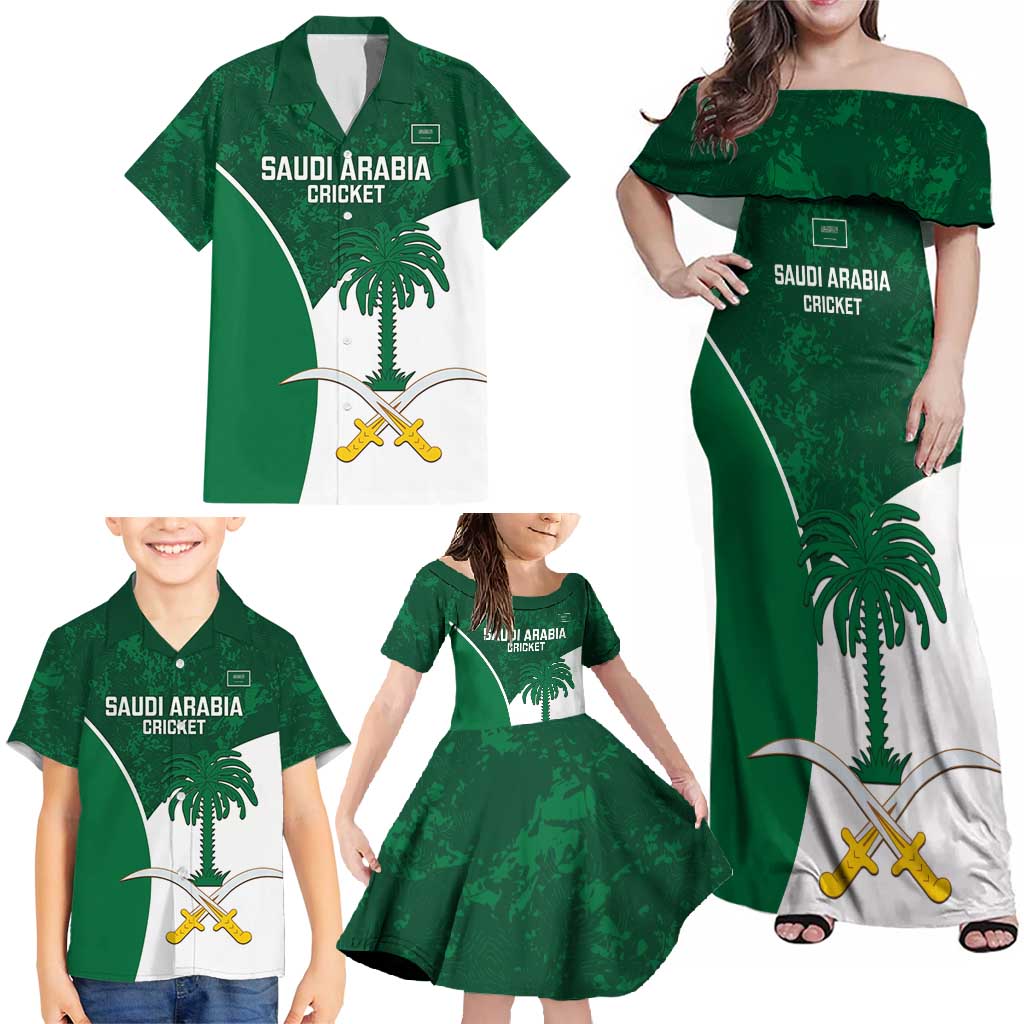 Custom Saudi Arabia Cricket Family Matching Off Shoulder Maxi Dress and Hawaiian Shirt Go Champions Coat Of Arms Style - Wonder Print Shop