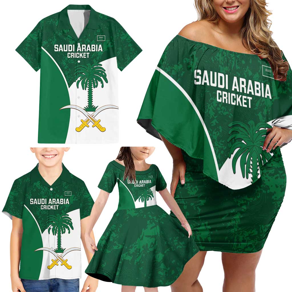 Custom Saudi Arabia Cricket Family Matching Off Shoulder Short Dress and Hawaiian Shirt Go Champions Coat Of Arms Style - Wonder Print Shop