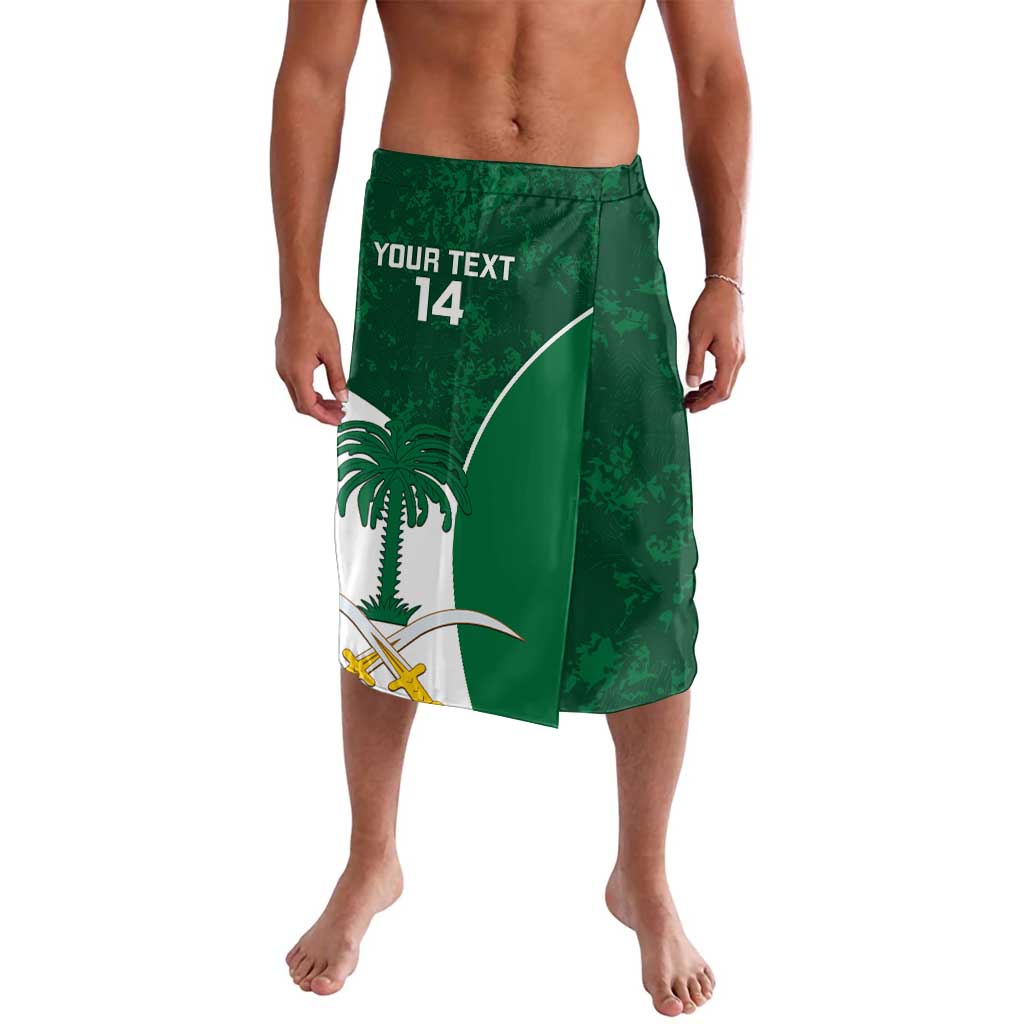 Green custom cricket shorts with crest graphic, split panel, number 14