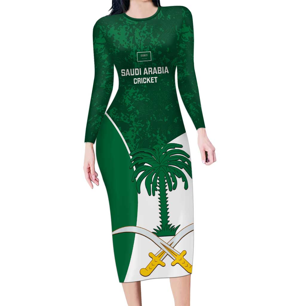 Custom Saudi Arabia Cricket Long Sleeve Bodycon Dress Go Champions Coat Of Arms Style - Wonder Print Shop