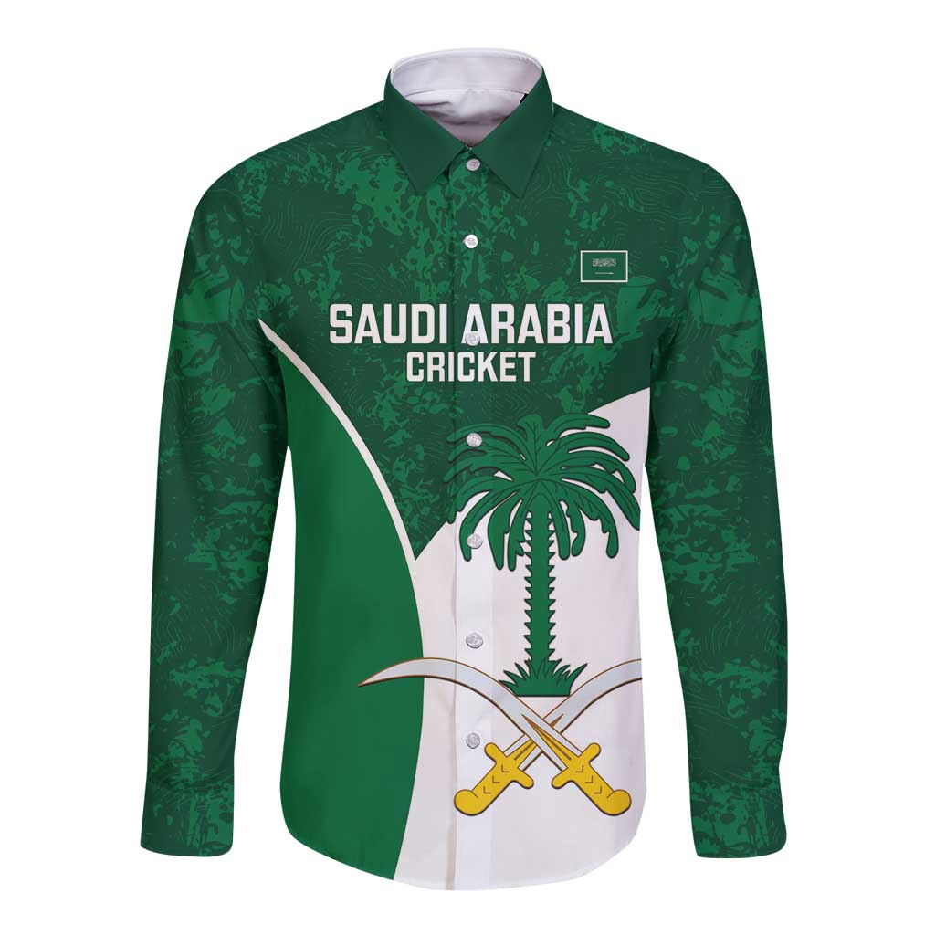 Green long-sleeve button shirt with Saudi Arabia Cricket front crest graphic
