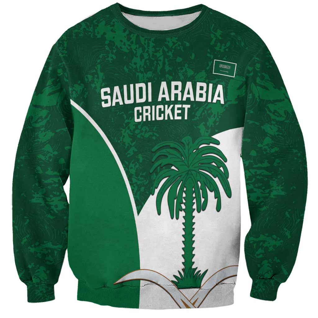 Green crewneck sweatshirt with Saudi Arabia Cricket text and palm tree graphic