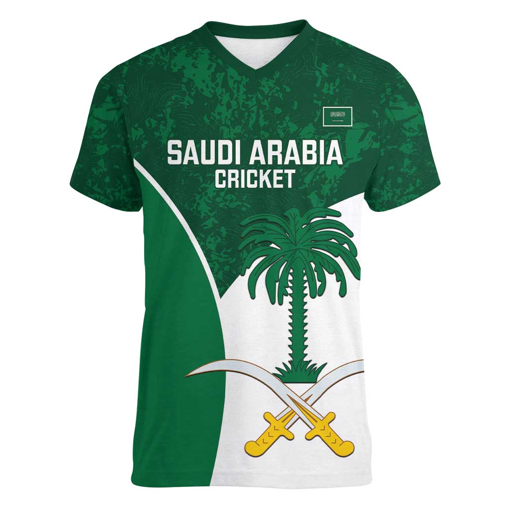 Custom Saudi Arabia Cricket Women V-Neck T-Shirt Go Champions Coat Of Arms Style - Wonder Print Shop