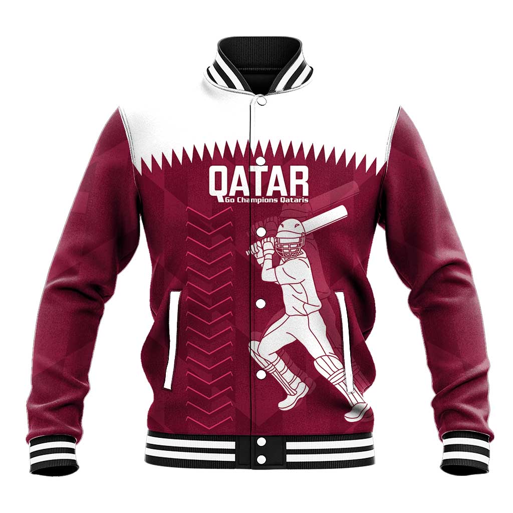 Maroon baseball jacket with white zipper, striped ribbed collar and QATAR front graphic
