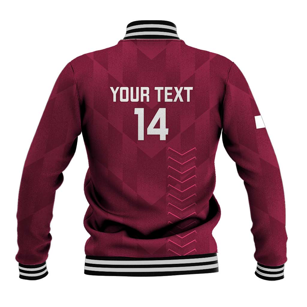 Maroon baseball jacket back with YOUR TEXT and number 14, striped ribbed hem and cuffs