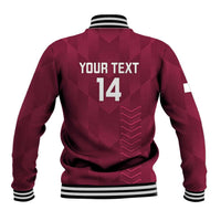 Maroon baseball jacket back with YOUR TEXT and number 14, striped ribbed hem and cuffs
