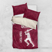 Maroon bedding set with duvet cover and two pillowcases featuring Qatar and cricket player print
