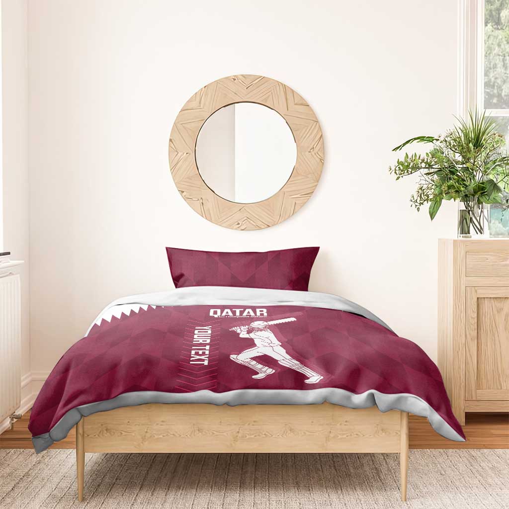 Maroon duvet cover with Qatar text and cricket player design; matching pillowcases