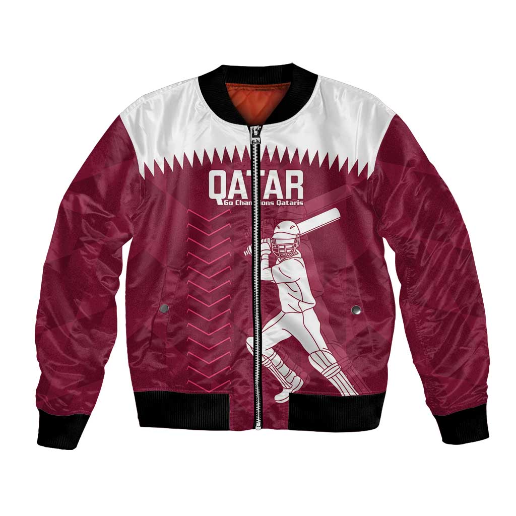 Maroon cricket bomber jacket with front zipper, Qatar logo, and player graphic