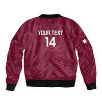 Maroon cricket bomber jacket back with 'YOUR TEXT 14' print and ribbed trim
