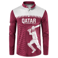 Maroon button sweatshirt with white yoke, Qatar front text, and player graphic