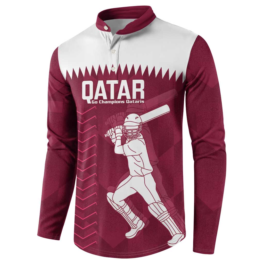 Maroon and white Qatar button sweatshirt, front view with helmet player and Qatar text