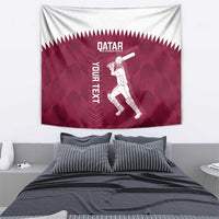Maroon cricket tapestry with white Qatar logo and vertical cricket player bat graphic