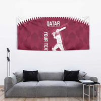 Maroon cricket tapestry with white Qatar text and cricket player holding a bat
