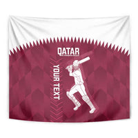 Maroon cricket tapestry close-up with white Qatar text and player bat graphic