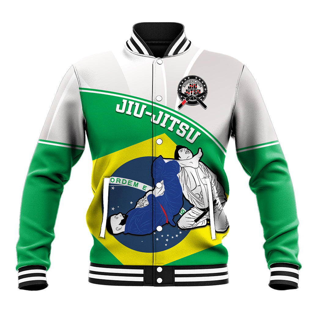 Unisex green varsity baseball jacket, zip front, and Brazil BJJ flag graphic