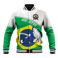 Unisex green varsity baseball jacket, zip front, and Brazil BJJ flag graphic