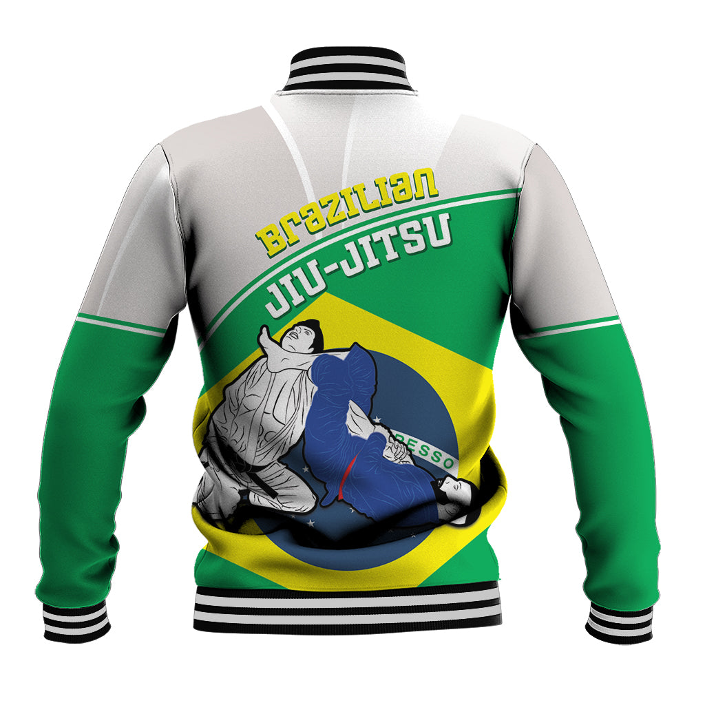 Unisex green varsity baseball jacket, striped collar, Brazil BJJ text and back graphic