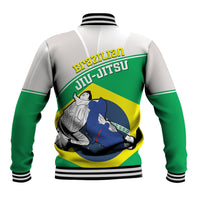 Unisex green varsity baseball jacket, striped collar, Brazil BJJ text and back graphic