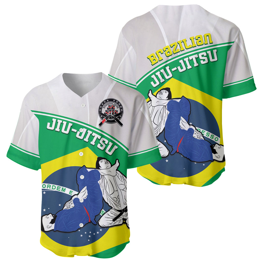 Set of Brazil jiu-jitsu baseball jerseys, front and back views with flag-style artwork