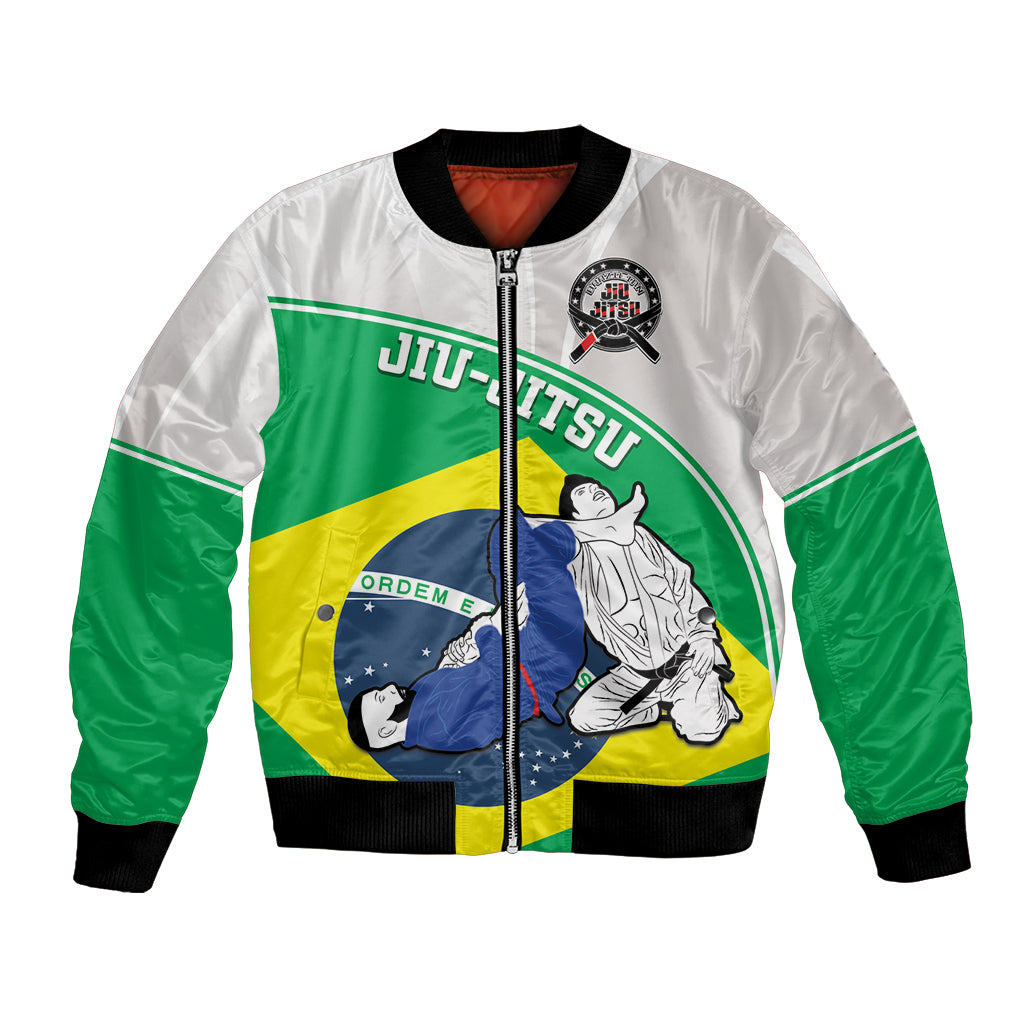Brazil-themed green/white/yellow bomber jacket with front zipper and ribbed cuffs