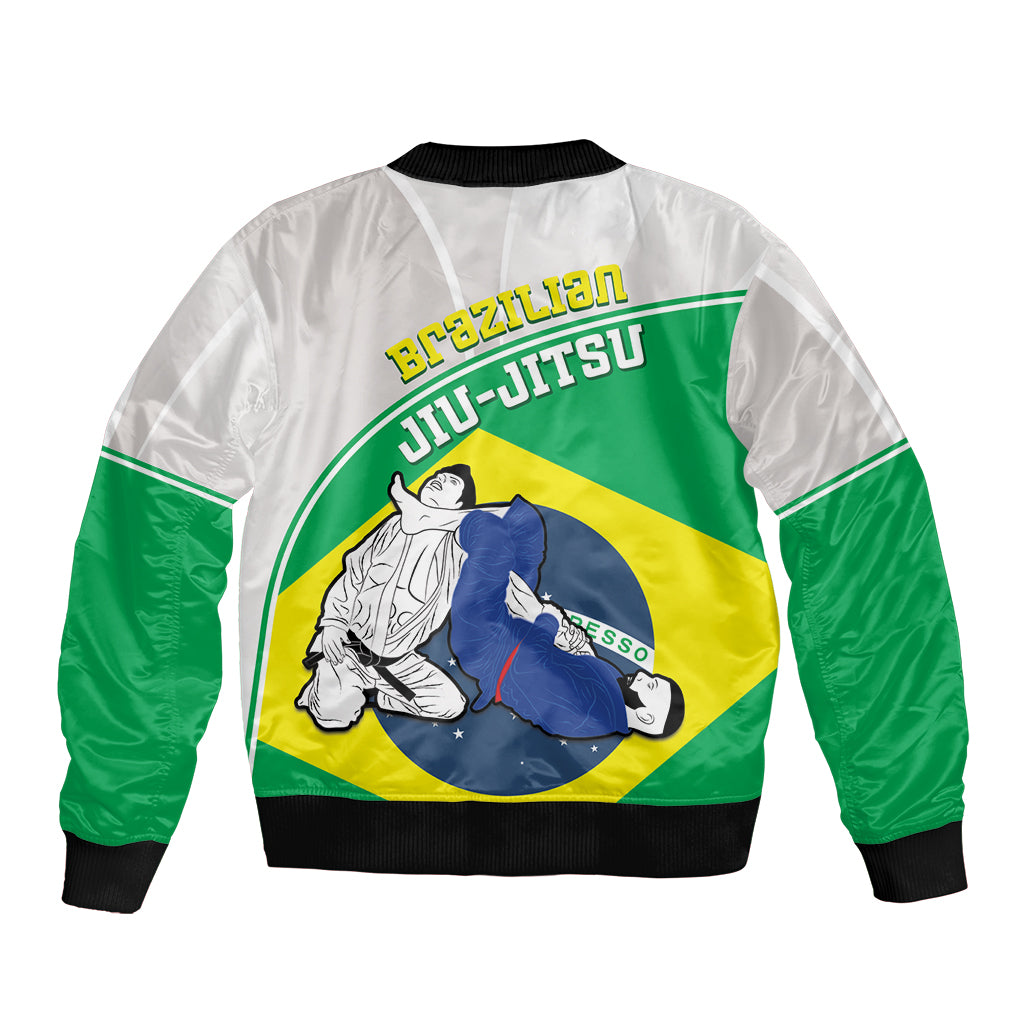 Brazil-themed bomber jacket back graphic in green, white, and yellow with ribbed hem