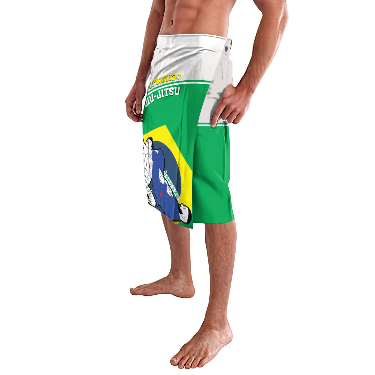 Green BJJ-style shorts with white waistband and side Brazil flag illustration