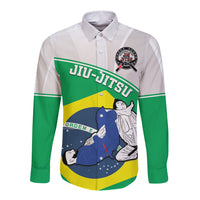 Green-and-white long-sleeve button shirt with Brazil Jiu-Jitsu flag graphic, front