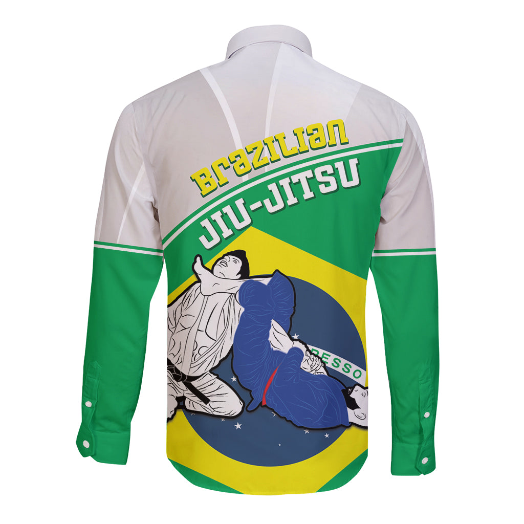 Green-and-white long-sleeve button shirt with Brazil Jiu-Jitsu flag graphic, back