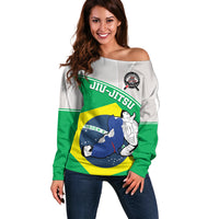 Women’s off-shoulder sweater with Brazil flag jiu-jitsu graphic, green/yellow/blue front