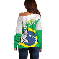 Women’s off-shoulder sweater, back print with Brazil flag jiu-jitsu graphic and green accents