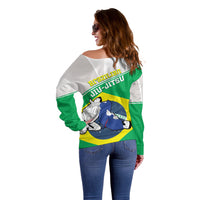 Women’s off-shoulder sweater, side view of Brazil flag jiu-jitsu graphic in green and yellow
