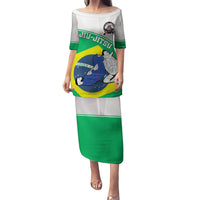 Green long dress with off-shoulder white yoke and jiu-jitsu grappling graphic, Brazil flag trim