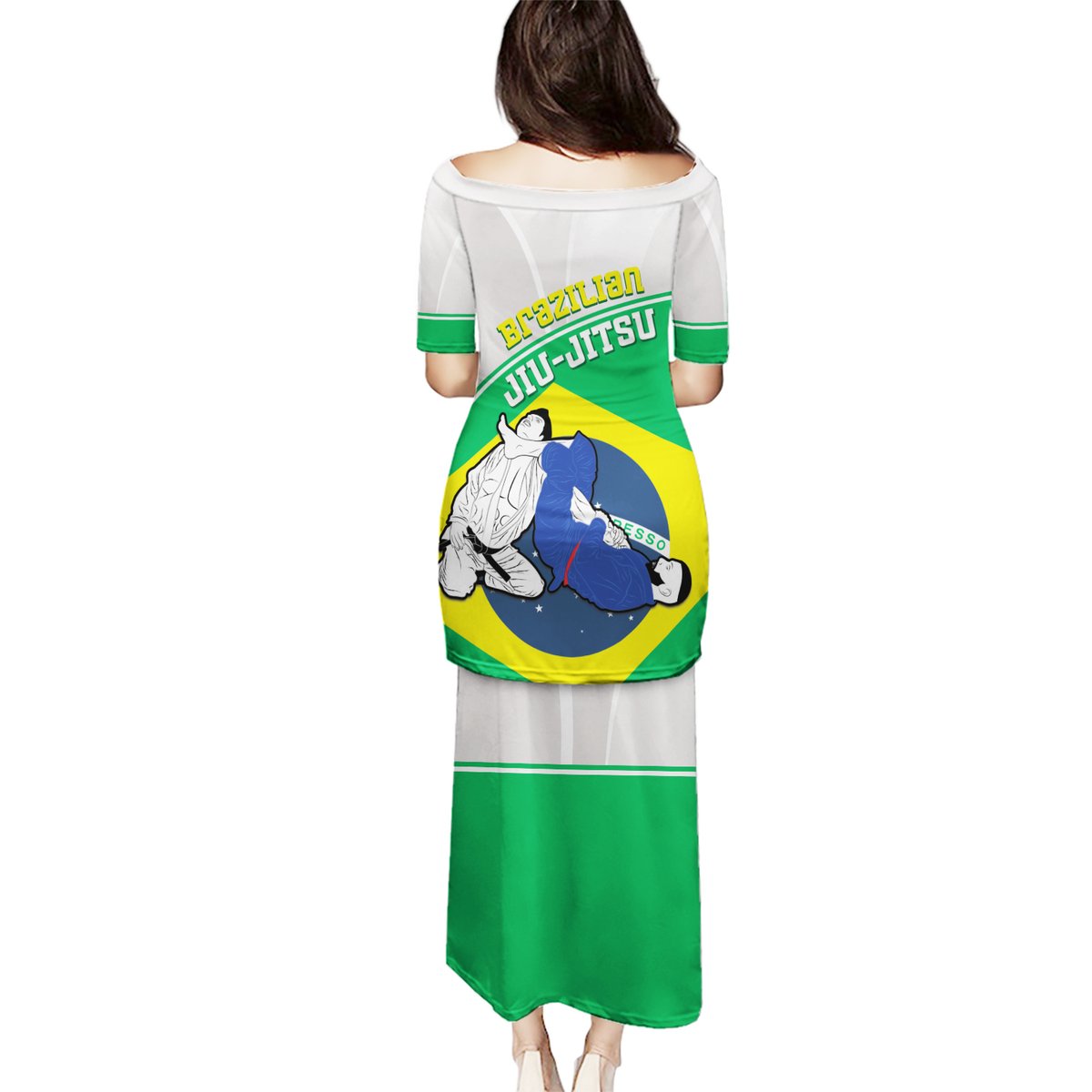 Brazil-flag long dress, green and white with yellow band, back graphic and Brazilian Jiu-Jitsu text