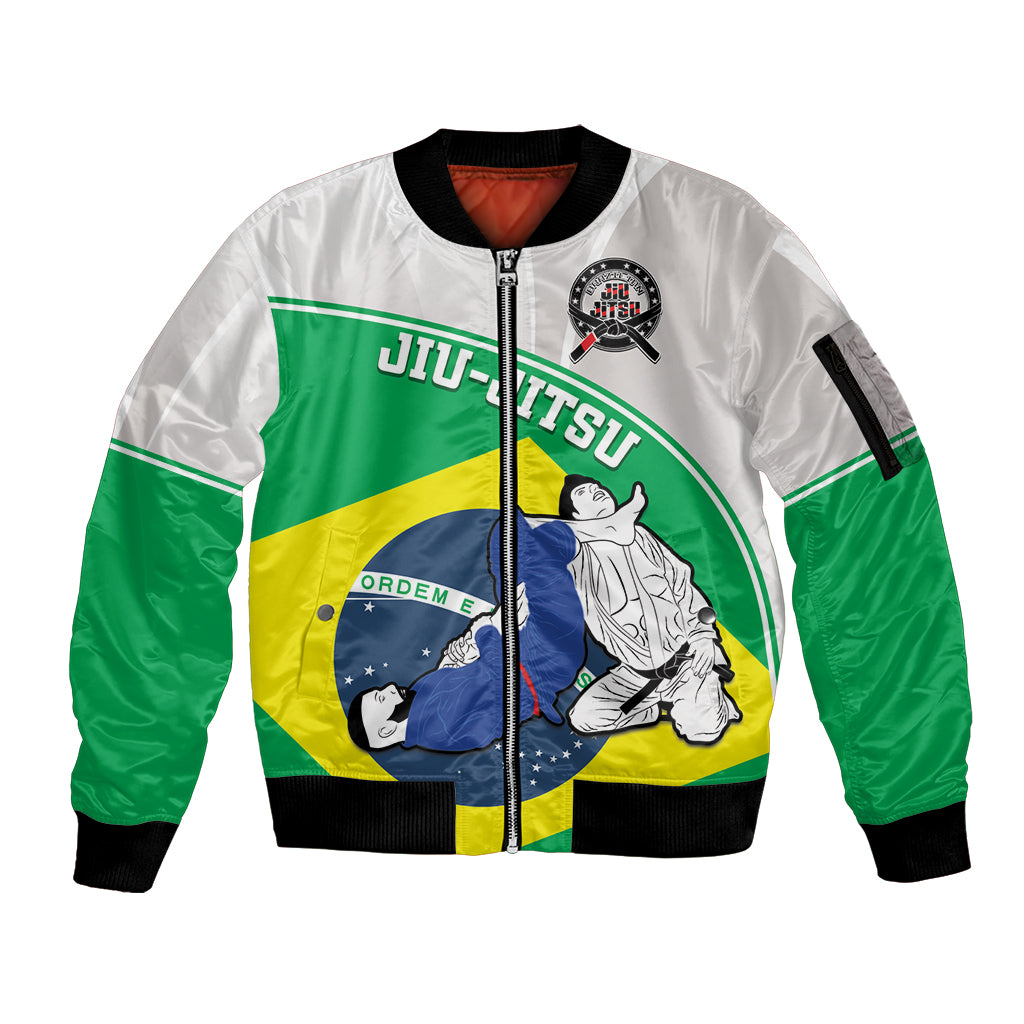 Unisex zip bomber jacket in green/white with Brazilian Jiu-Jitsu graphic and ribbed hem