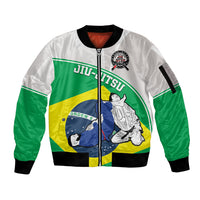 Unisex zip bomber jacket in green/white with Brazilian Jiu-Jitsu graphic and ribbed hem