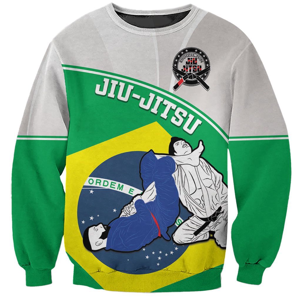 Green and gray sweatshirt with Brazil Jiu-Jitsu graphic of grappling fighters.
