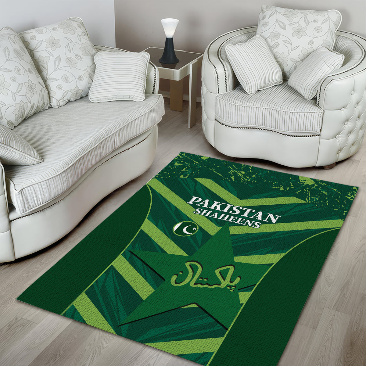 Green Pakistan Shaheens rug with Arabic script and crescent icon