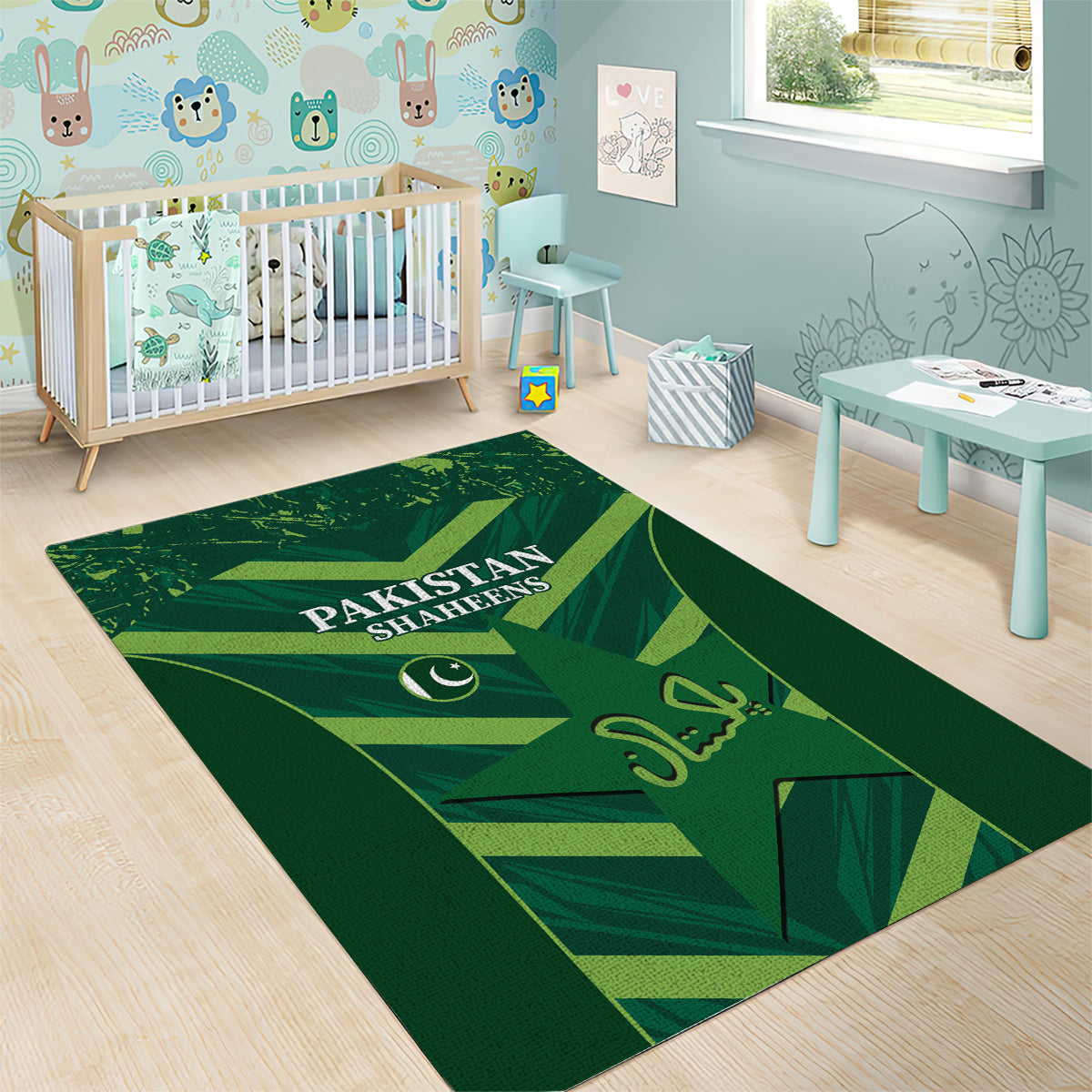 Green Pakistan Shaheens area rug with bold logo text and geometric artwork