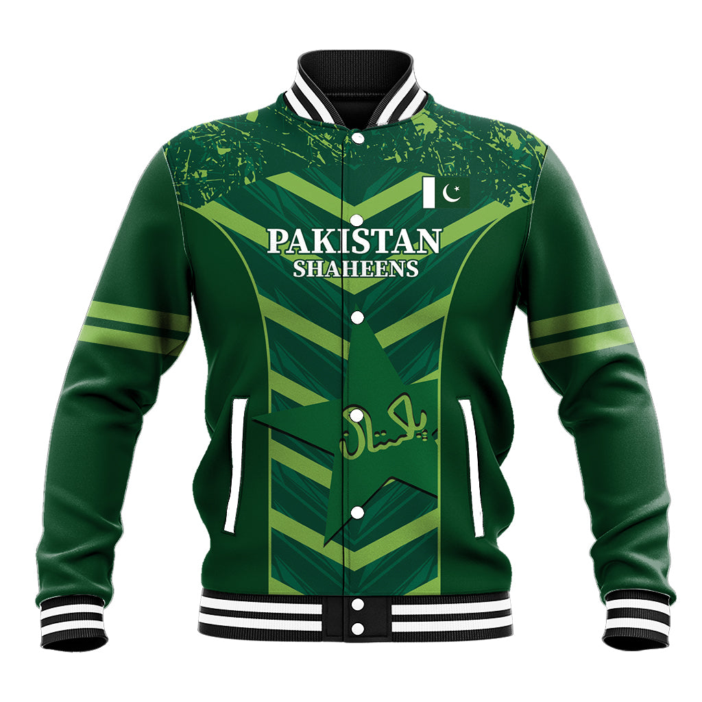 Green baseball jacket with black striped ribbed collar and PAKISTAN SHAHEENS front print
