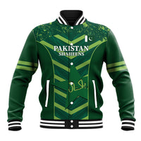 Green baseball jacket with black striped ribbed collar and PAKISTAN SHAHEENS front print