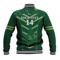 Green baseball jacket with striped cuffs and back print: YOUR TEXT 14, crest and crescent