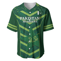 Green cricket baseball jersey with Pakistan Shaheens front, button placket.