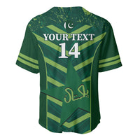 Green cricket baseball jersey, back print with Your Text 14 and crescent icon.